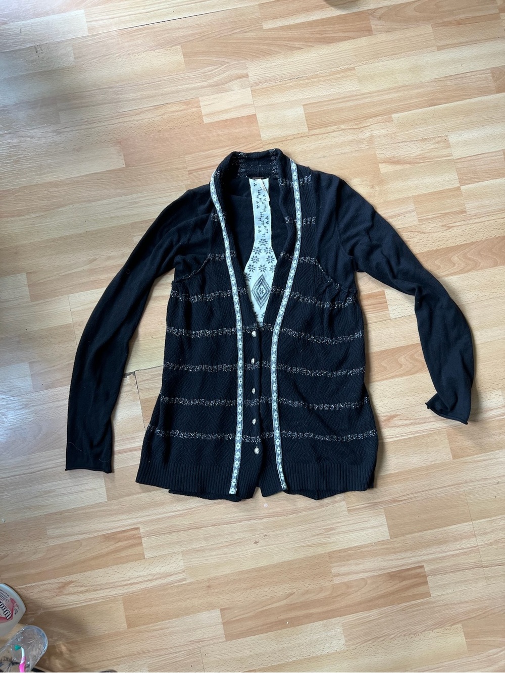 Free People Black Cardigan with cream/silver Contrast Trim and details